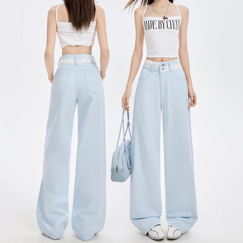 فضفاض عادية واسعة الساق الدنيم السراويل الصيف جديد رقيقة 100% القطن المرأة عالية الخصر Y2K التباين خياطة كل مباراة فضفاض الجينز