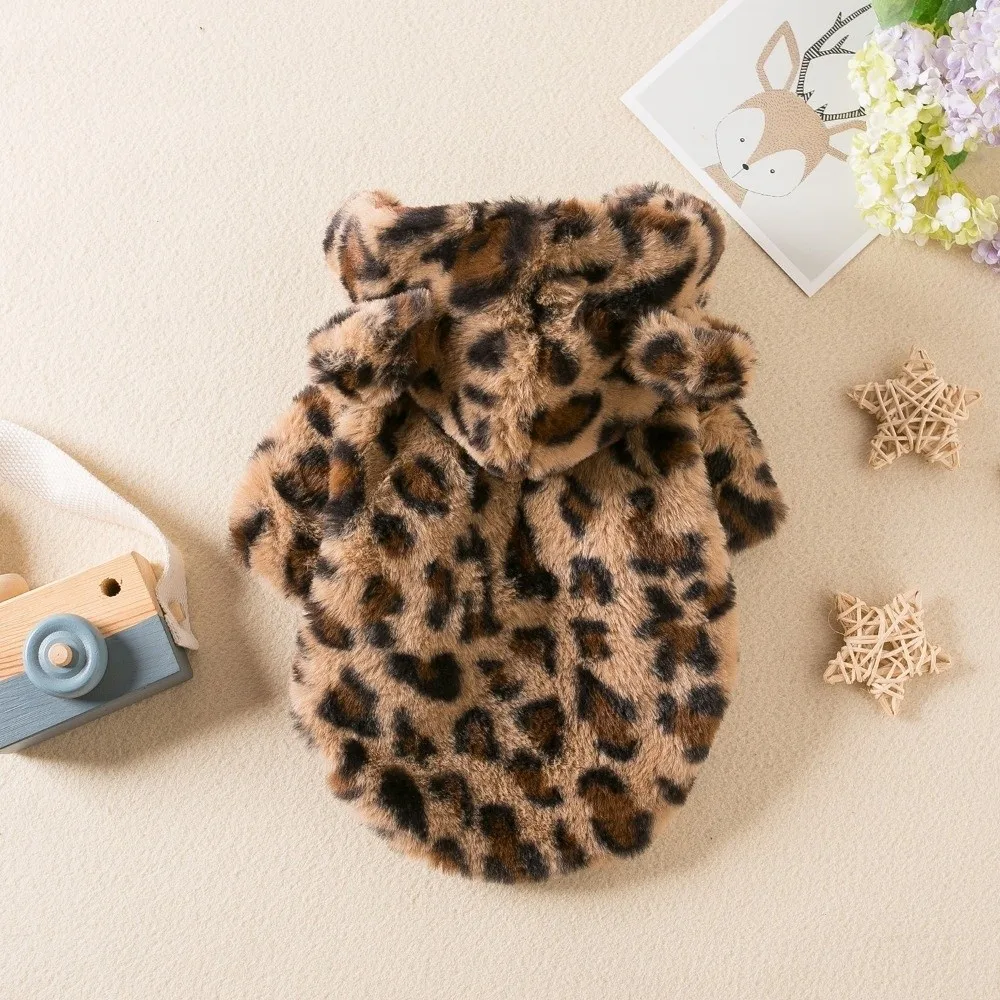 Modische Hundekleidung mit Leopardenmuster, warme, verdickte Fleece-Haustierjacke mit Kapuze, Teddy-Hundemantel, Hundemantel – Detail 4