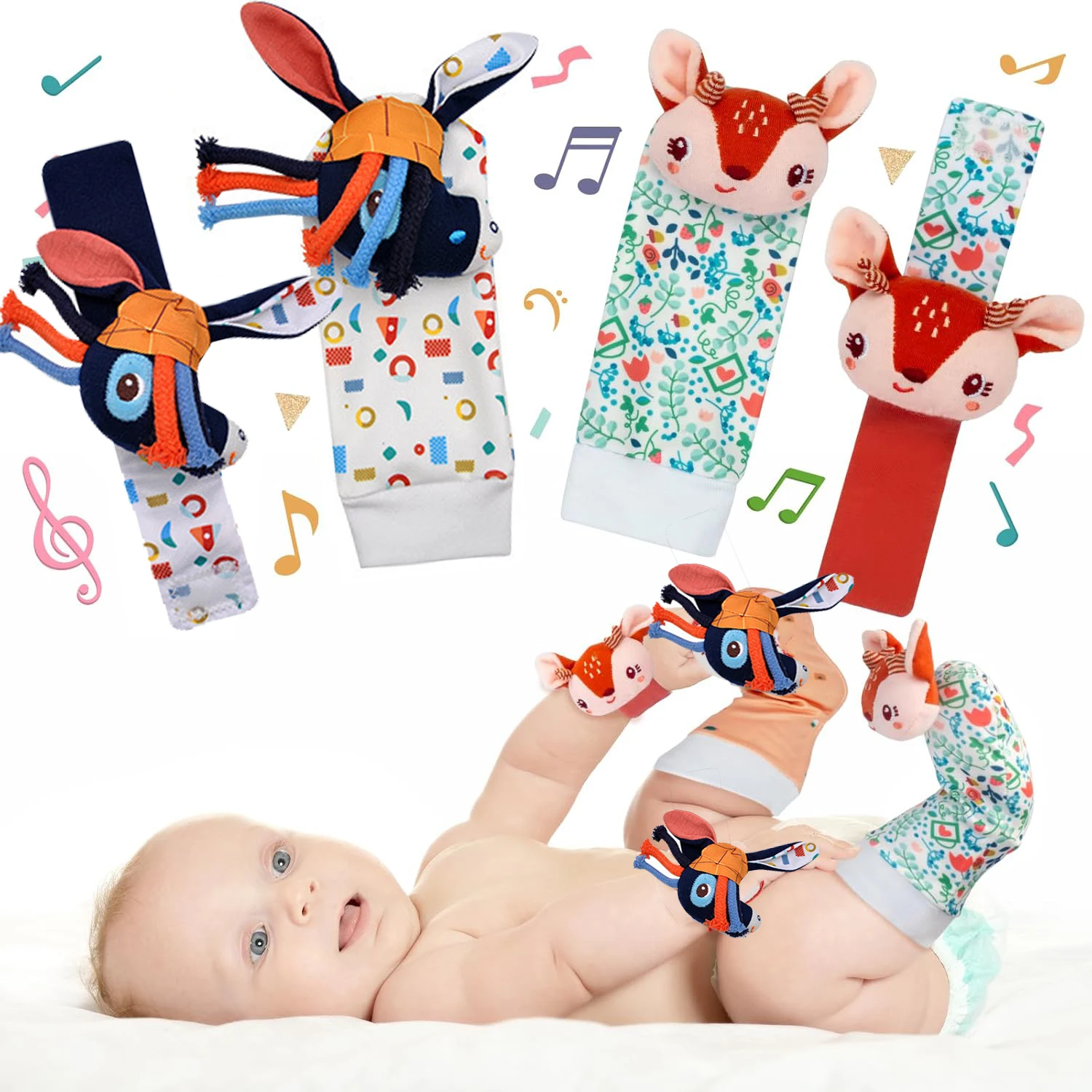 0 12 Months Baby Rattle Socks Toys For Newborn Play Animal Socks Wrist Strap Rattle Infant Foot Socks Bug Babies Accessory