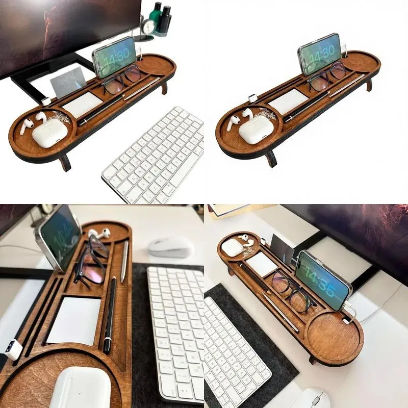 Personalized Handmade Wooden Desk Storage Box with Watch Holder and Phone Charging Station for Office Organization
