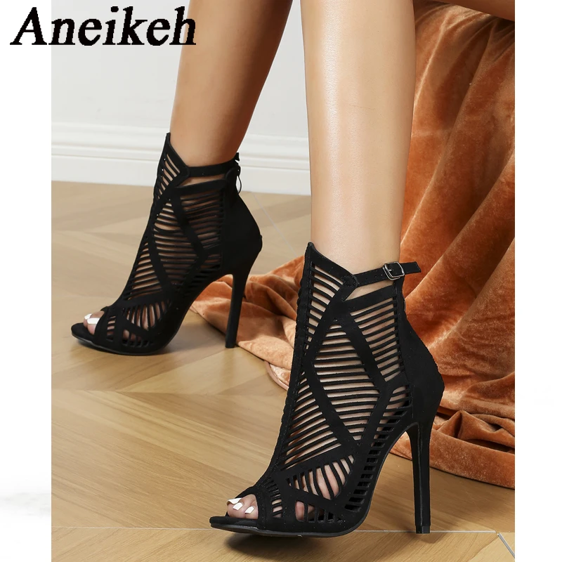 Aneikeh Fashion Summer Shoes Woman 2024 Trend Sexy Booties Peep Toe Sewing Mid-Calf Boots Roman Shoes Boots for Women Hollow out