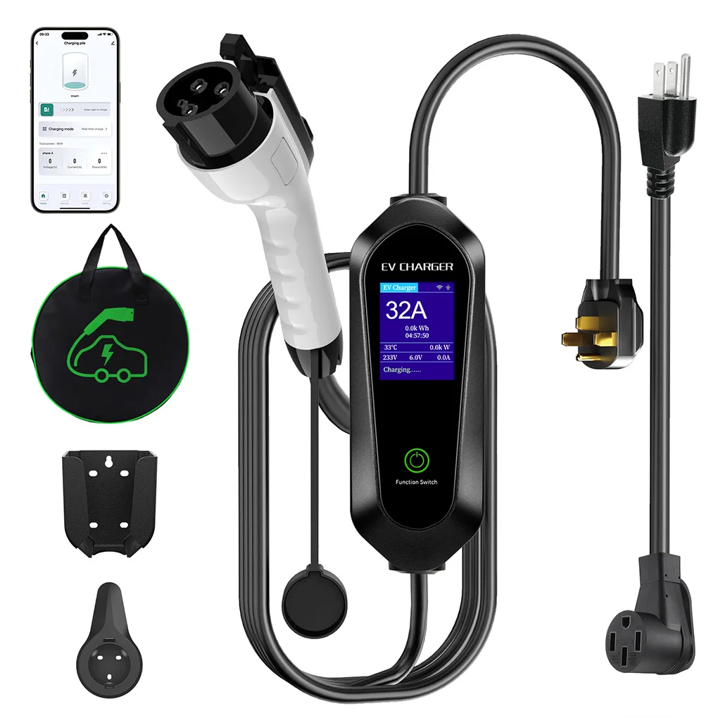 

Type 2 Portable EV Charger 7KW 32A 1Phase Wallbox Type1/GBT EVSE Fast Charging Cable APP Bluetooth Control