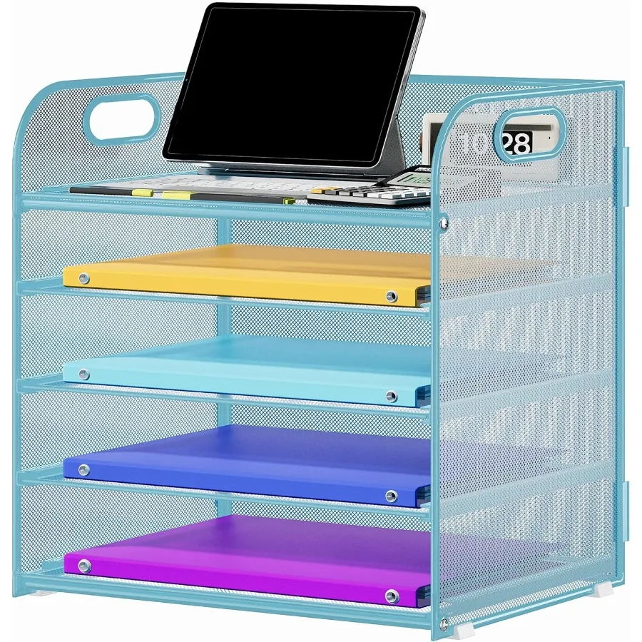 Organizzatore di carta a 5 livelli con maniglia per aula, scuola e ufficio, organizer da scrivania in rete metallica con cartella di archiviazione