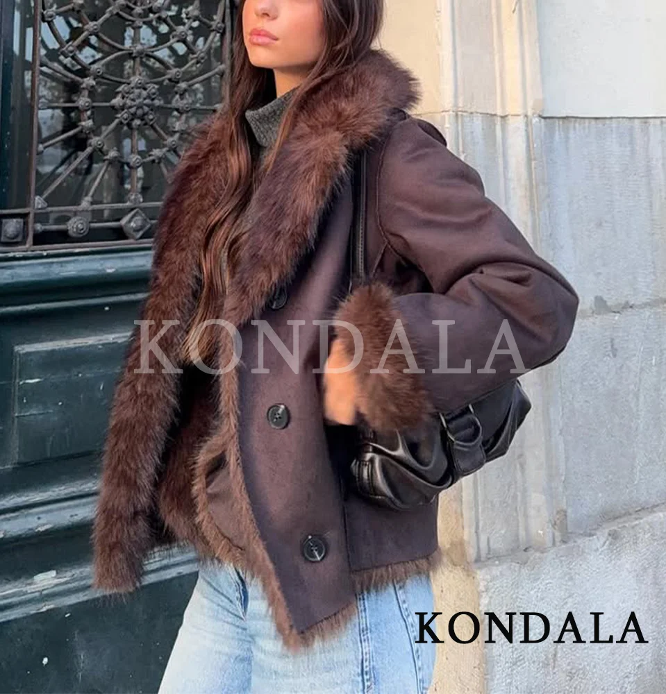 

KONDALA, зимняя винтажная меховая замшевая куртка, пальто, женская повседневная коричневая куртка из искусственного меха на пуговицах, модное элегантное женское пальто в стиле ретро 2023 г.