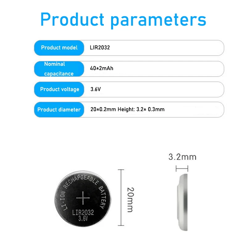 New! 10pcs/lot LIR2032 3.6V Li-on Rechargeable Button Coin Cell Battery Can Replace CR2032 for watches