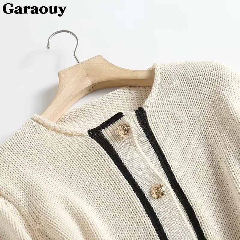 Garaouy2023Autumn Women Patchwork Edge Curl Knit Sweater Jacket Long Sleeve Female Elegant Crop Tops Commut Cardigan Coats Mujer