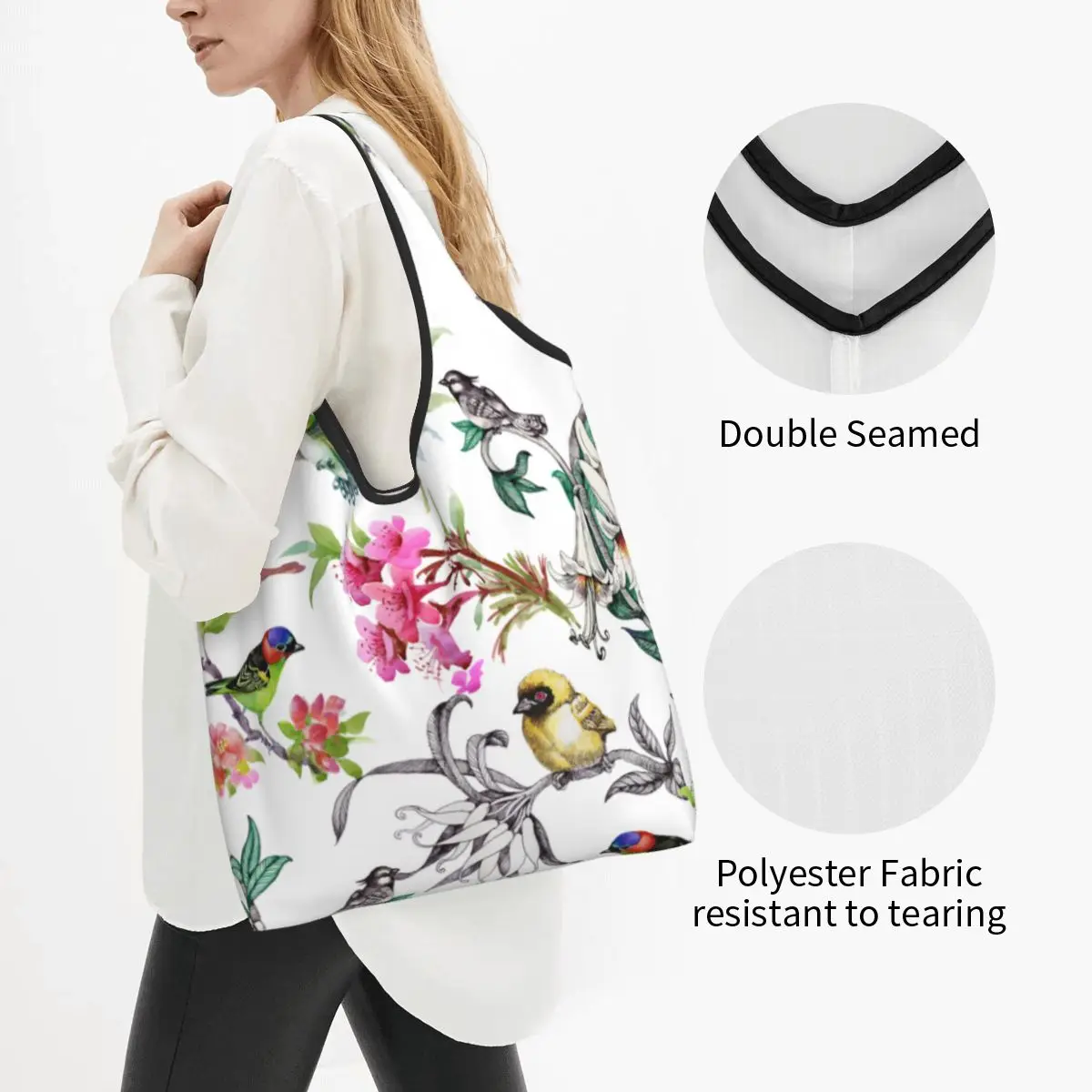 Hand Drawn Flowers And Birds Reusable Shopping Grocery Bags Foldable 50LB Weight Capacity Watercolor Swallows Floral Eco Bag