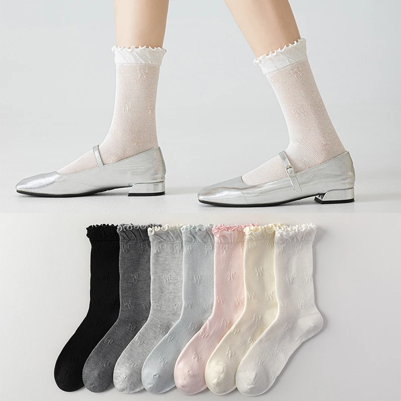 

1/7 Pairs Women's Solid Bow Design Socks Breathable Mesh Thin Mid Tube Socks with Wavy Edge Sweet Summer Style