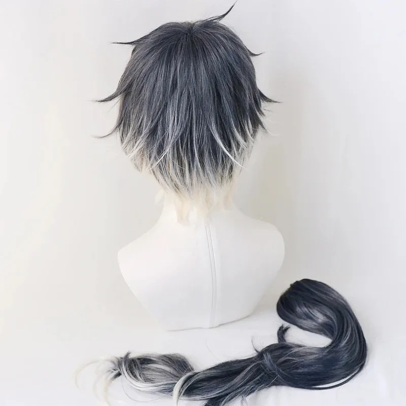 IDOLiSH7 RE:Vale Momo Cyber Techno أبيض أزرق داكن مختلط ذيل حصان لعب الأدوار الشعر الاصطناعية حفلة الهالوين تأثيري + غطاء شعر مستعار