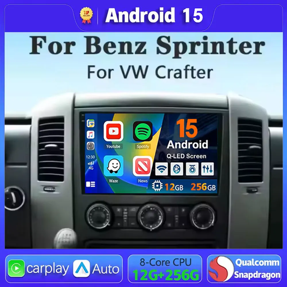 10 "أندرويد 14 لشركة فولكس فاجن كرافتر لمرسيدس بنز سبرينتر راديو السيارة الوسائط المتعددة مشغل فيديو نظام تحديد المواقع ستيريو CarPlay + السيارات واي فاي + 4G DSP