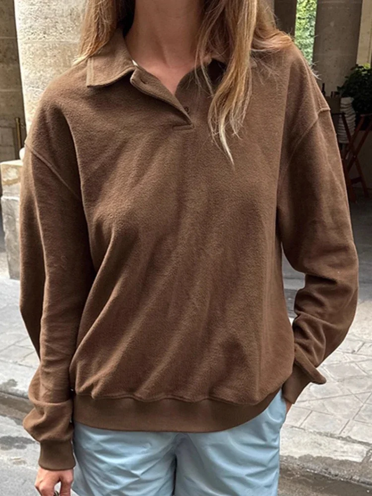

Casual Polo Collar Pullover Tops For Women Autumn 2025 New Solid Loose Long Sleeves Patchwork Outfits Female Pullover Top