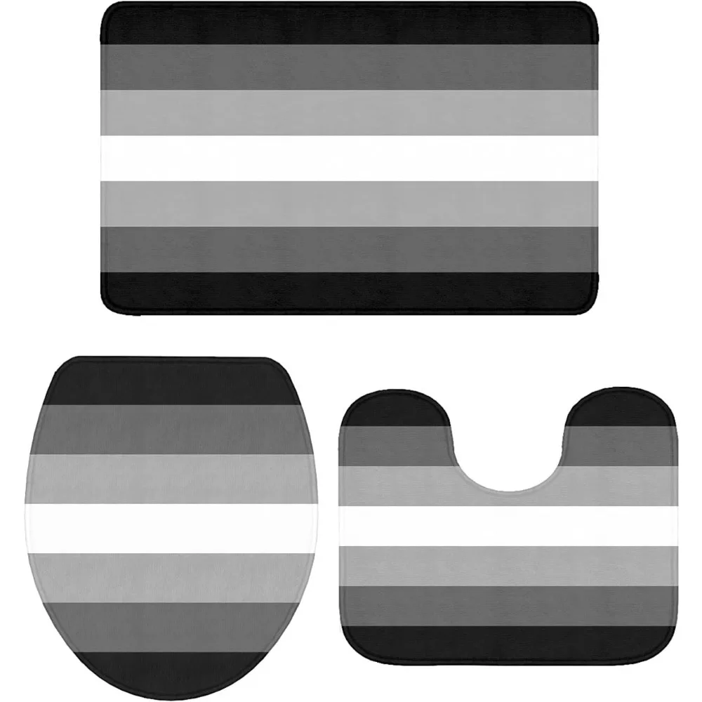

Набор из трех ковриков для ванной комнаты, черно-белый, серый, полосатый, нескользящий коврик для ванной, U-образный коврик и коврик для крышки унитаза, водопоглощающий