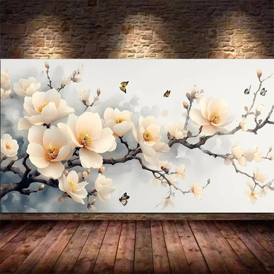 

Light yellow magnolia flower DIY Adult Diamond Crafts Aesthetic diamond Painting Pictures kit butterfly 5D Craft Wall Decoration