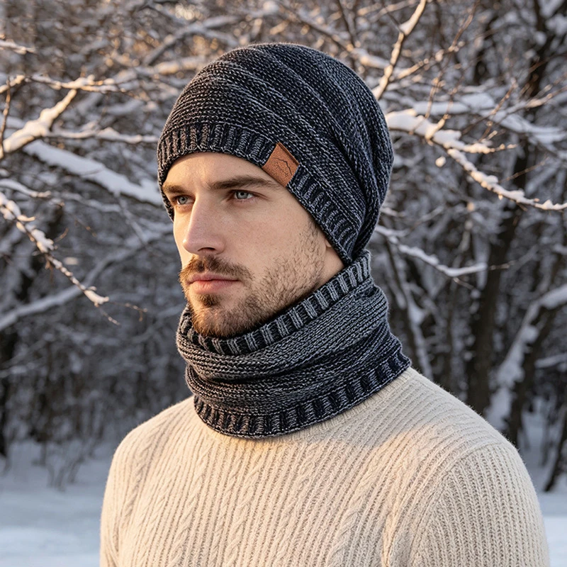 Men's Winter Knitted Hats Set Warm Thicked Skullies Beanies Caps Outdoor Ski Cap with Neck Guard Scarf