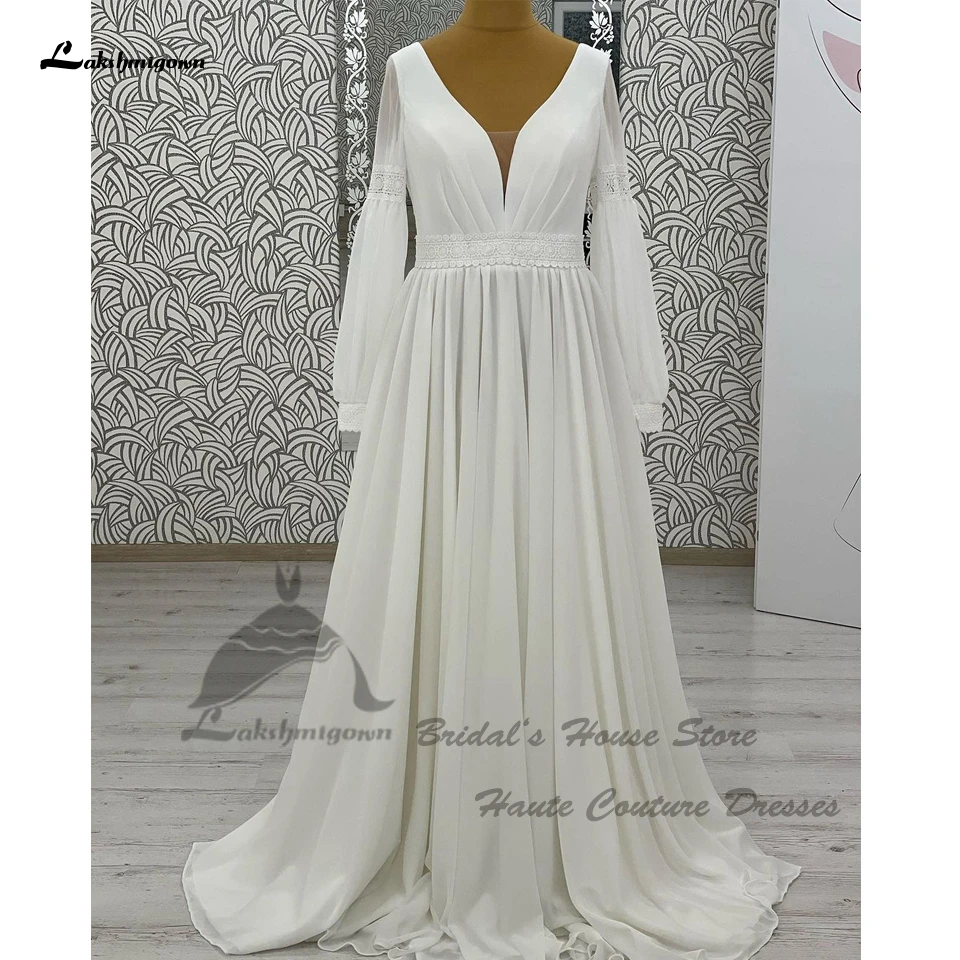 Lakshmigown Einfache Boho Chiffon Langarm Brautkleider 2024, Vestidos, V-Ausschnitt, A-Linie, Strand-Brautkleider, Schnürung am Rücken