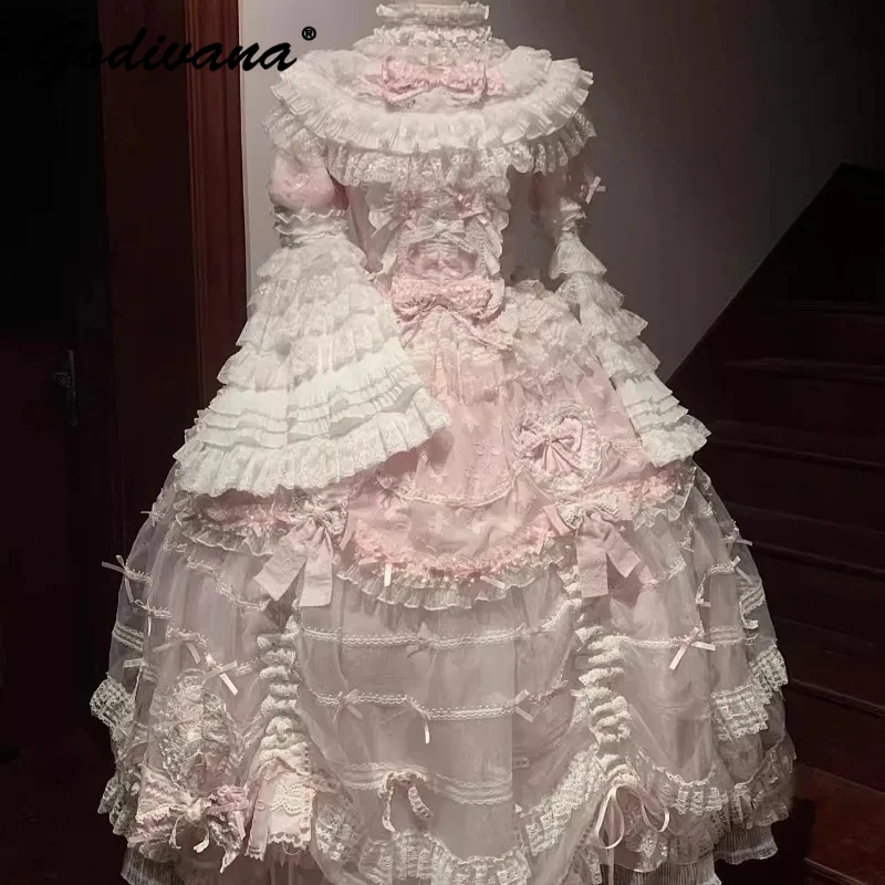 Camicetta di pizzo a maniche lunghe svasata da donna originale per ragazze Top Fairy Sweet Fluffy Pink Bow Jsk Princess Dress Abiti romantici