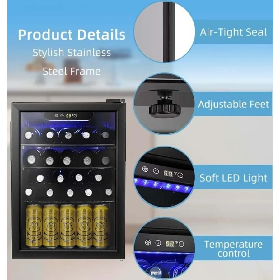 ثلاجة مشروبات مبرد نبيذ 24 زجاجة مع باب زجاجي شفاف لشريط المنزل يستخدم قبو نبيذ صغير مدمج للبيرة والصودا