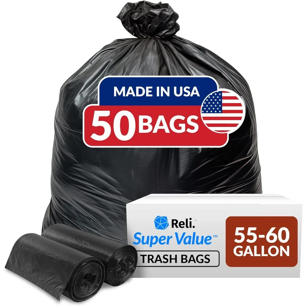 

Heavy Duty 55-60 Gallon Large Black Trash Bags 50 Count USA Made