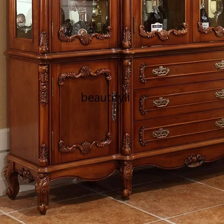 

1184European Luxury Four-Door Retro Glass Wine Cabinet Classical Distressed Display Cabinet