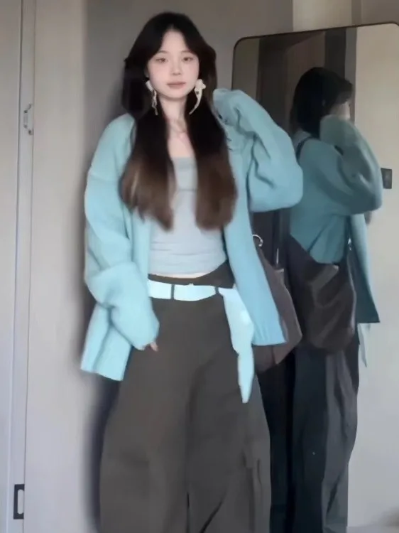 Solto azul camisola de malha cardigan feminino coreano sle outono inverno nova chegada confortável preguiçoso high end sentimento outerwear