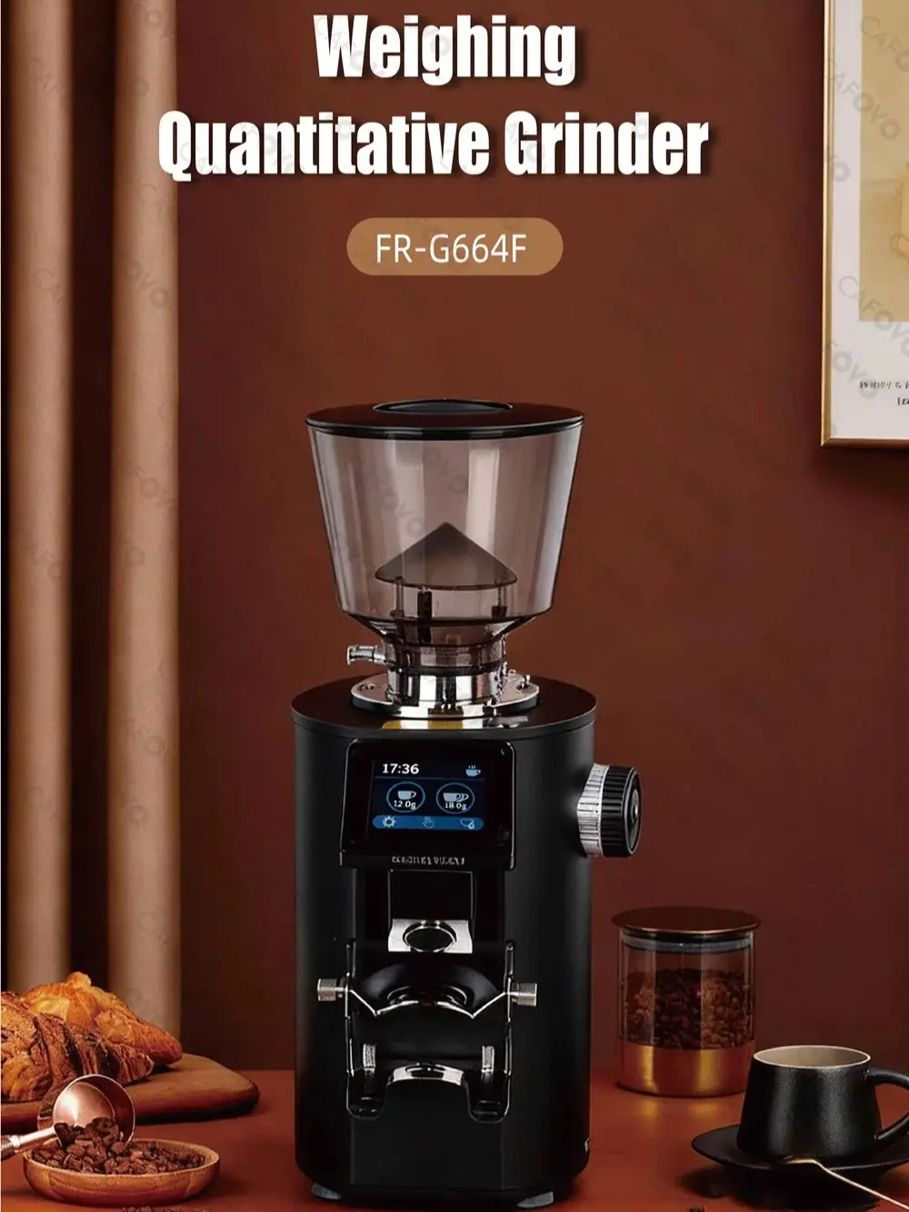 CAFOVO G664F Professional Weighing Quantitative Coffee Grinder 64mm Flat Burr Touch Screen Espresso Grinder for Home Barista