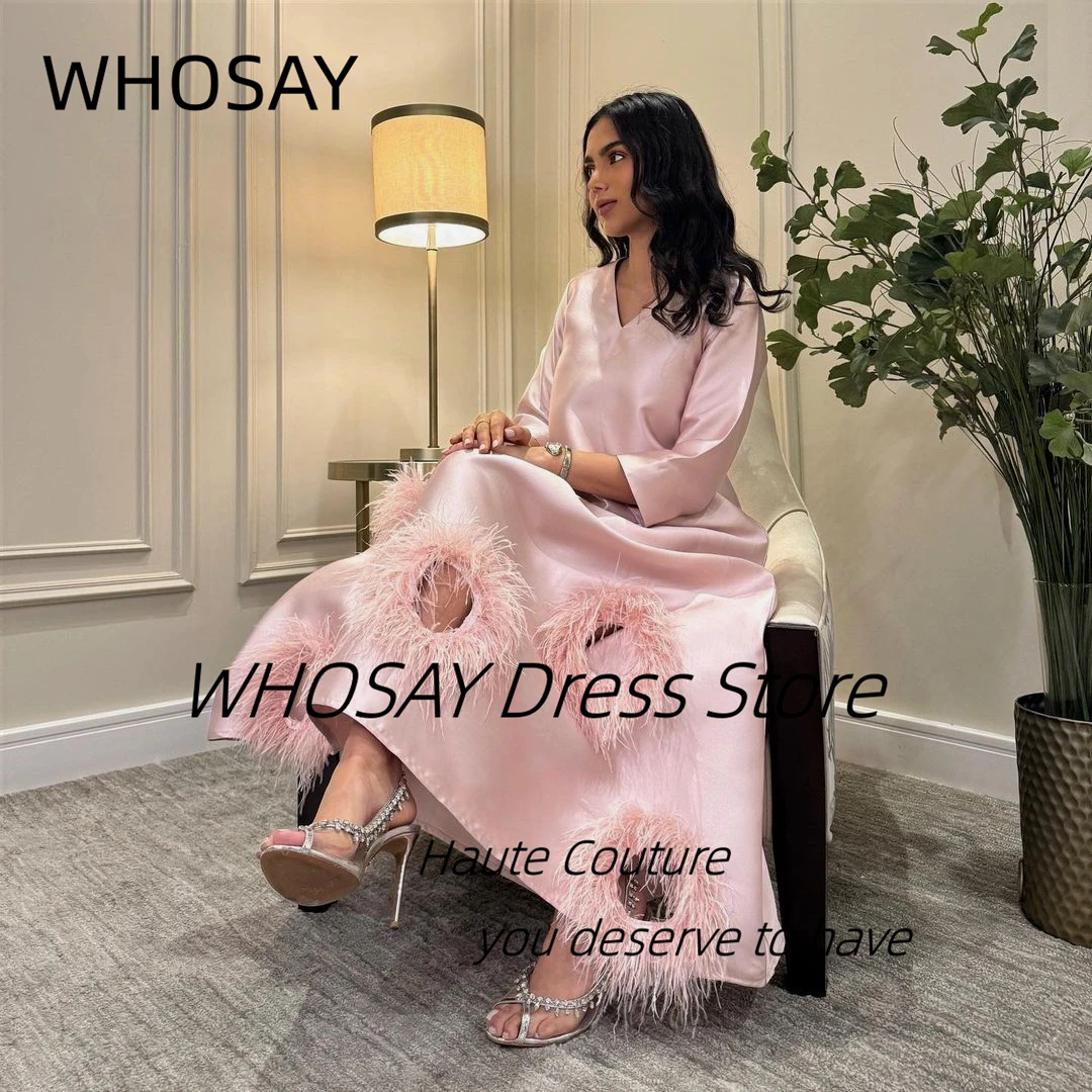 WHOSAY Customized Feathers Prom Dresses V Neck Long Sleeves Evening Gowns Zipper Back Formal Occasion Saudi Party Dress