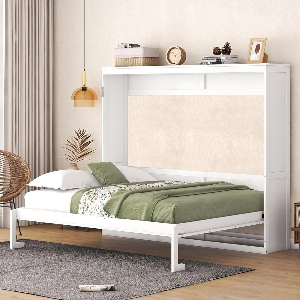 Queen Size White Solid Wood Murphy Bed with Chest and Slat Support for Space