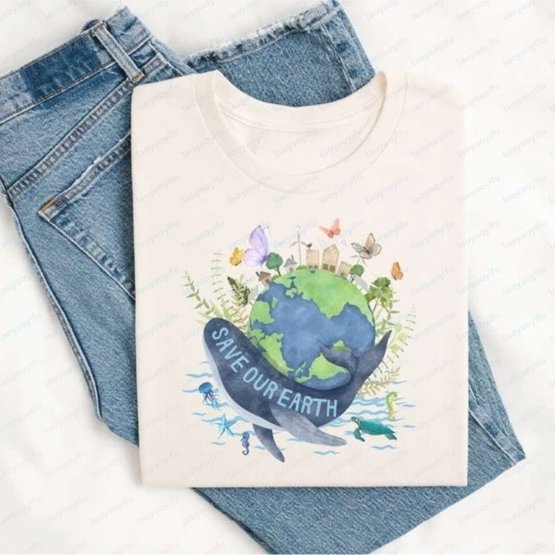 Save Our Earth Tee Ocean Whale Planet Graphic Unisex Tops Environmental Earth Day T-shirt Classics Casual Style Women Clothes