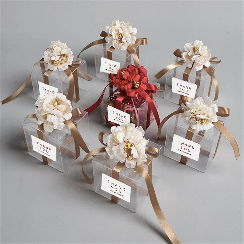 10/20/30/50pcs Transparent Gift Bags Thank You Artificial Flower Ribbon Wedding Souvenirs for Guests Dragees Box for Baptism