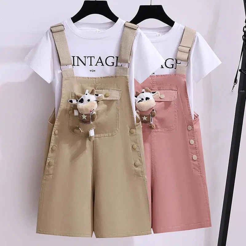 Cute Cow Doll Decoration Girls Overalls Summer New Solid Color Children\'s Bib Shorts Baby Girl Casual Loose Suspenders Shorts