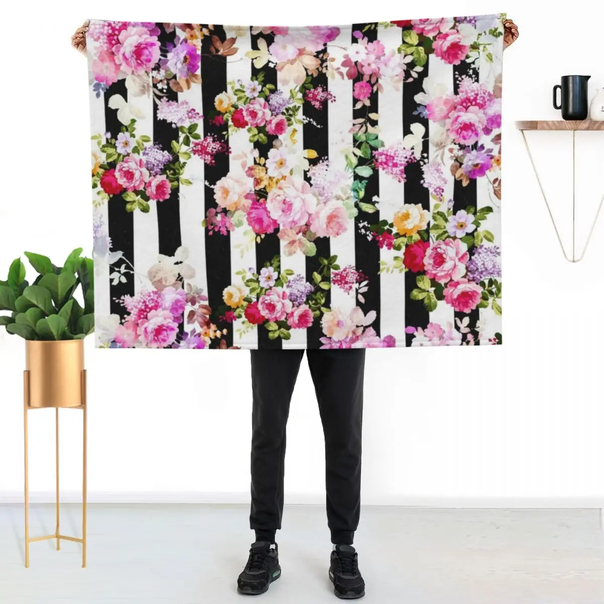 

Black and white stripes bright pink roses floral Throw Blanket Versatile Cozy Throw Blanket for All Occasions