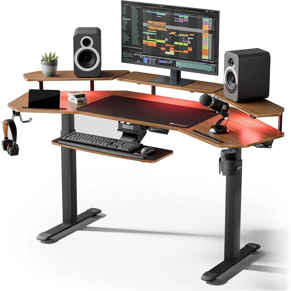 

72" Standing Desk, Adjustable Height Dual Motor Computer Desk with Keyboard Tray & LED Monitor Stand, Gaming Music Studio Workst
