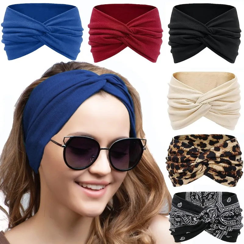 

Yoga Headbands For Women's Hair Wide Thick Stretchy Boho African Turban Knotted Leopard Head Bands