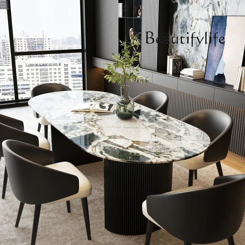 BJ Household Italian High-end Light Luxury With Round Luxury Stone Solid Wood Imported Natural Marble Dining Table Rectangular