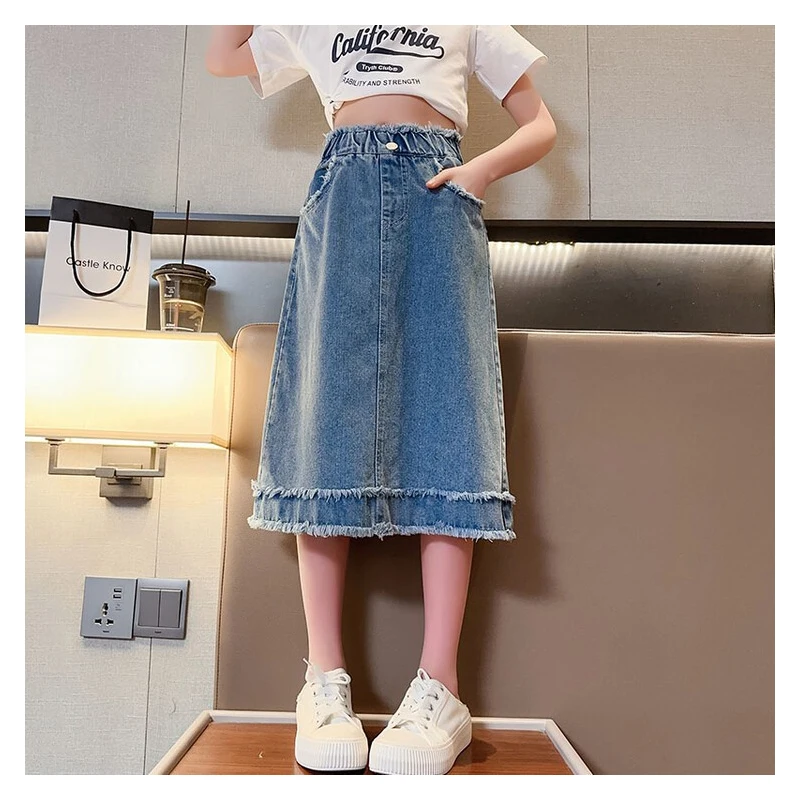 Girls' denim half skirt for summer  children's long length Denim skirt