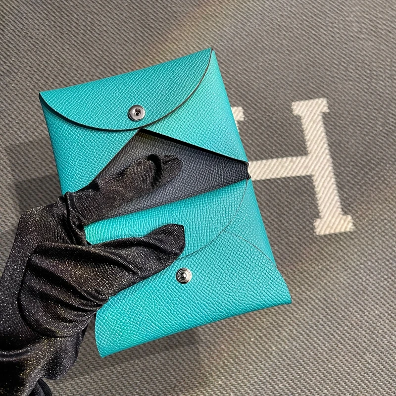 Genuine Leather Key Coin Wallet Button Closure Verona Green Deep Blue Contrast Stitching Short Style Leather Wallet