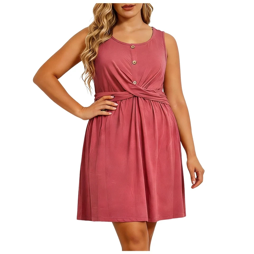 

Plus Size 1XL-5XL Sleeveless Tank Dresses For Women Summer Knot Front Button Ruched Sundress Fashion Solid Color Dress Vestidos