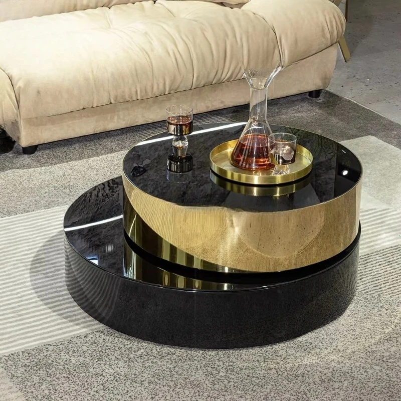Lifting top nested rotating glass black gold coffee table high gloss stainless steel art furniture round coffee nest corner