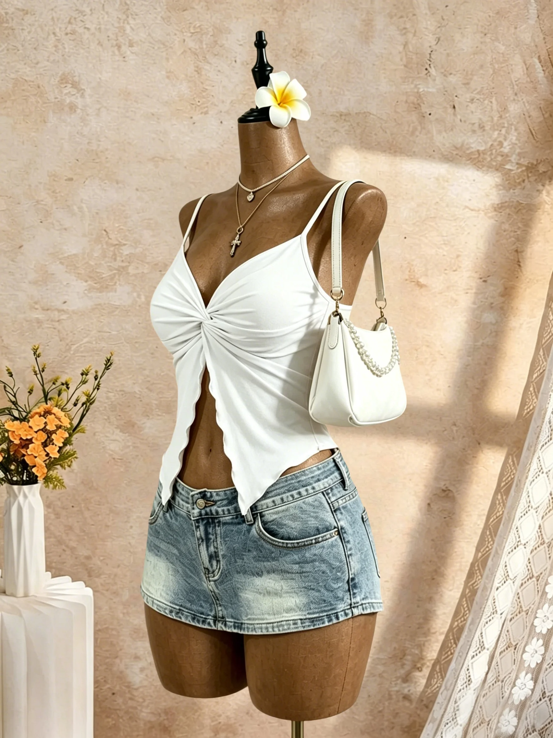 Damen Spaghetti-Träger V-Ausschnitt Twist-Front Cut-Out Rüschen Unregelmäßiger Saum Slim Fit Crop Cami Top 2026 Sommer Y2K Einfarbig Weiß Ärmellos – Detail 10