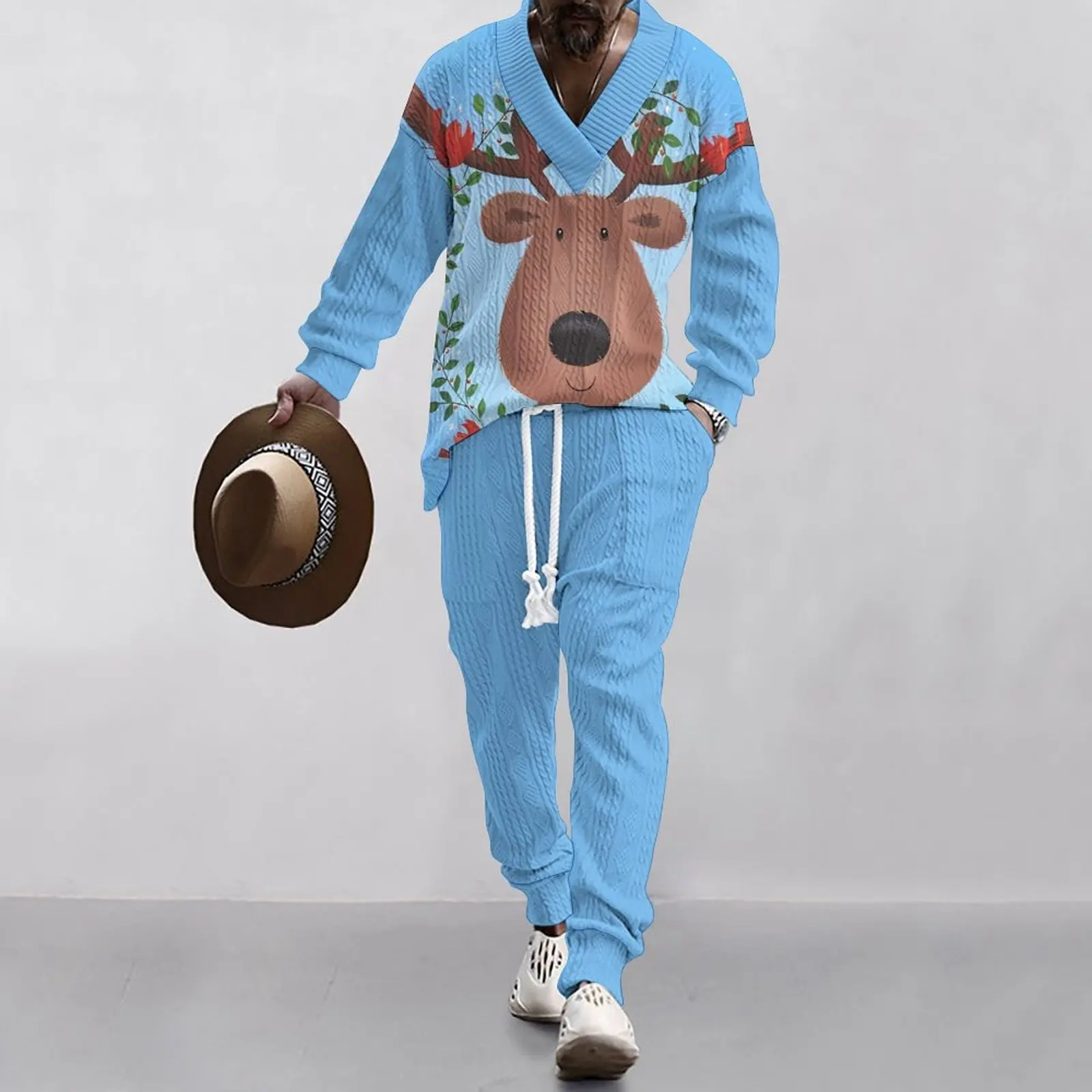 Autumn/Winter New Men\'s Suit Christmas Fun Personality Santa Claus Reindeer 3D Digital Printed Long Sleeve T-shirt And Pants Set