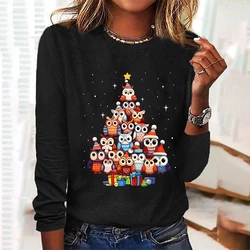 Christmas Owls Cute Cartoon Pattern Women's T-shirts Christmas Fashion Loose Long Sleeves T shirt Autumn Cotton Women Clothing