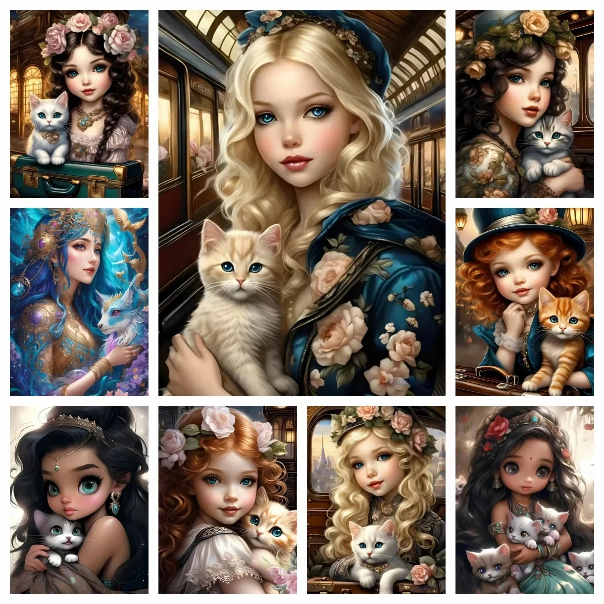 Schöne Mädchen mit süßer Katze 5D DIY Diamant-Malerei Mosaik Cartoon Kunsthandwerk Stickerei Vollrund-Bohrer Kreuzstich Heimdekoration