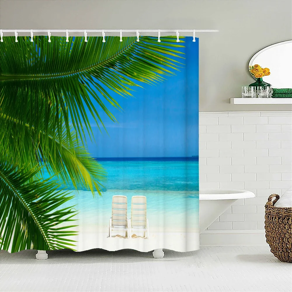 Ocean Shower Curtain Seaside View Tropical Plant Palm Tree Nature Landscape Picture Cloth Fabric Bathroom Decor Set with Hooks