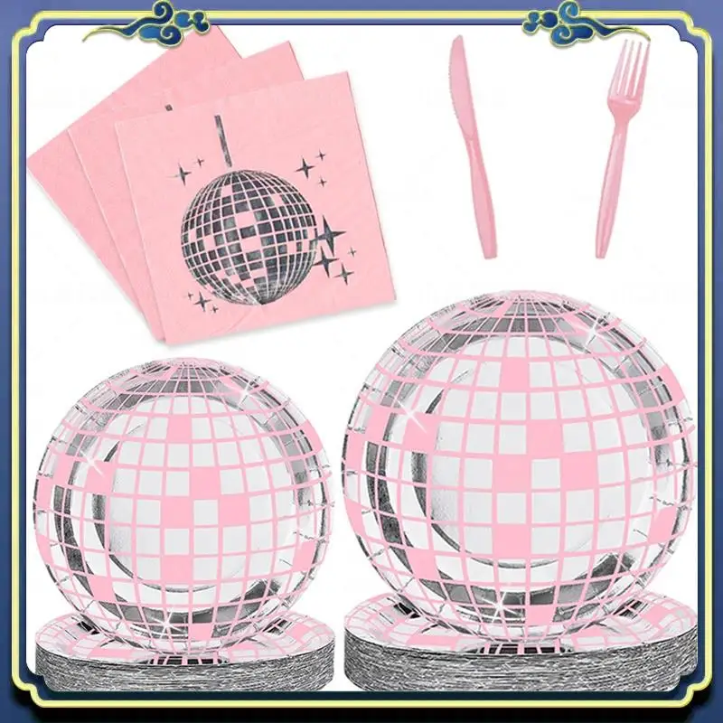 

A56P-принадлежности для дискотеки, тарелки, салфетки, скатерти, розовые украшения для дискотеки, дня рождения, набор розовой посуды 70-х годов