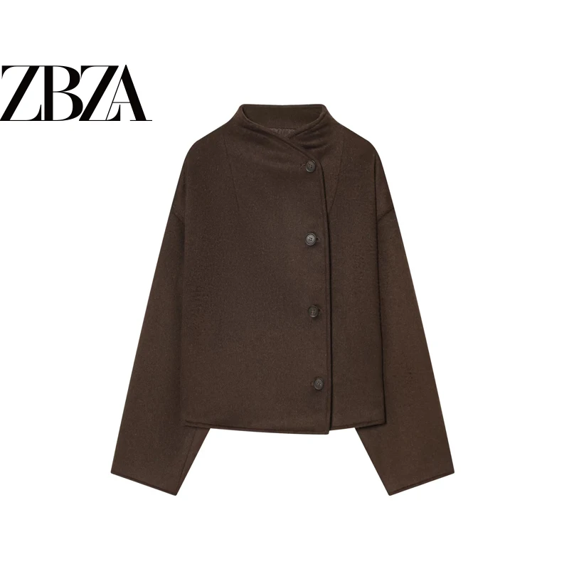 Fashionable Soft Jacket Women's Long Sleeve Stand Collar Double Breasted Coat Polyester Fabric Standard Fit Winter Outerwear