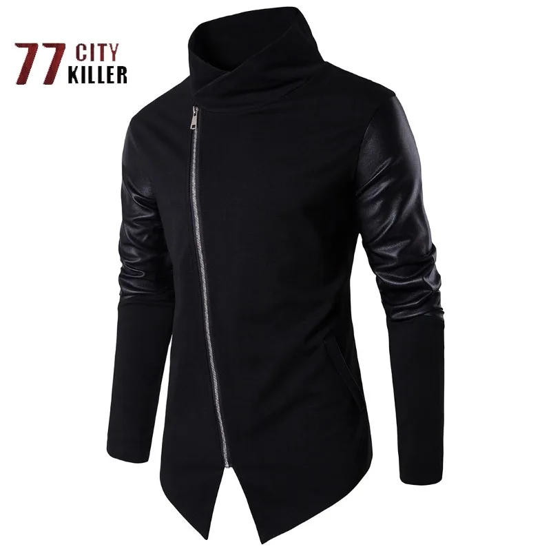 

Spring Men's Standing Collar Slim Fit Knit Sweater with Leather Sleeves Zippered Fashion and Comfort Pure Cotton Men's Hoodie