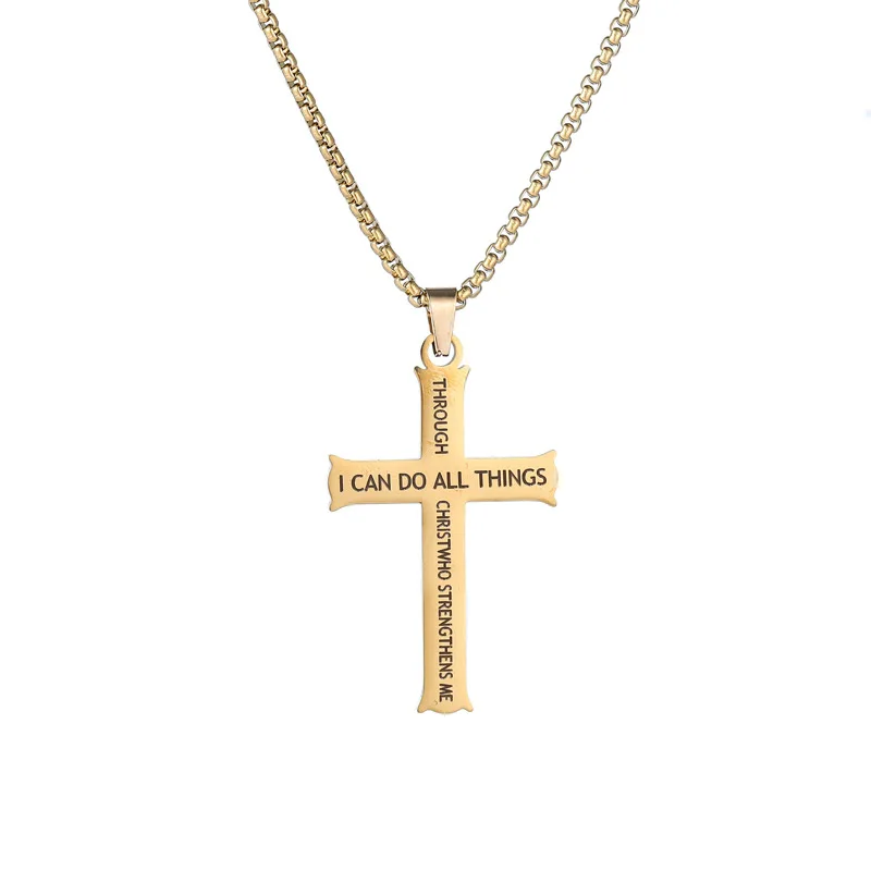 

Philippians Cross Stainless Steel Religious Jesus Necklace For Men Fashion I Can DO ALL THINGS Pendent Chain Blessing Jewelry