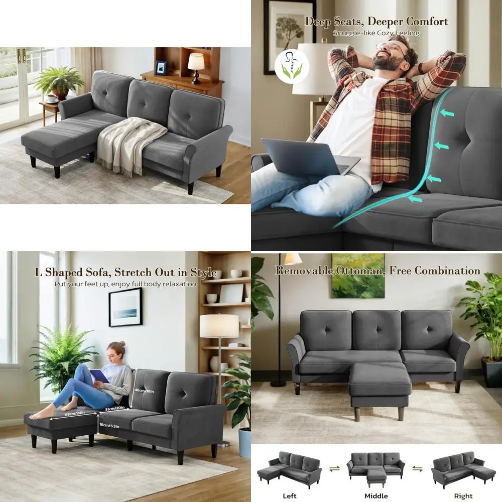 أريكة مخملية حديثة على شكل حرف L مع مسند لغرف المعيشة الصغيرة