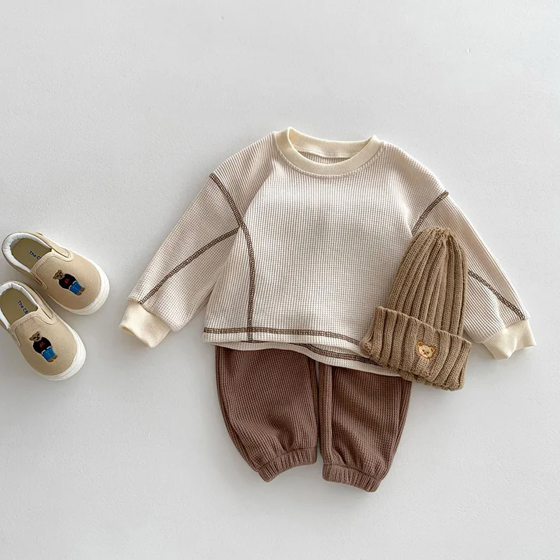 milancel-春デザイナーキッズベビー服カジュアルボーイズスーツクール幼児用ブラウスとパンツ-2-個ワッフル服セット衣装