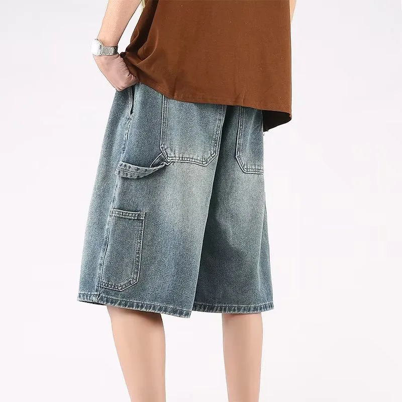 

Y2k Denim Shorts Men Summer High Street Fashion Brand New Casual Personality Five Quarter Pants Loose Large Size Wide Leg Pants